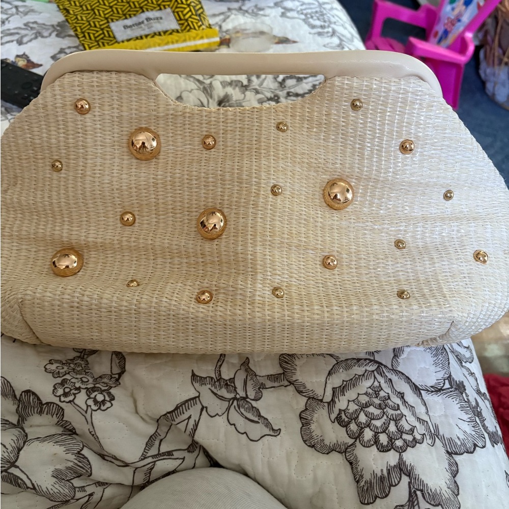 Urban Expressions Ivory Straw Clutch with Gold Studs